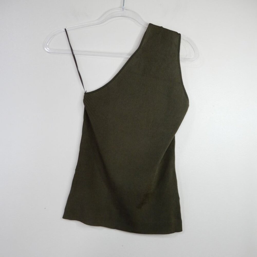 REISS Thea Twist One Shoulder Top Size L Khaki Green Ribbed Stretch NEW $150 - Picture 6 of 8